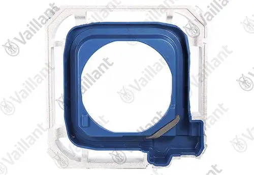 Vaillant Kondensatablauf in blauer Farbe, gestaltet für die Ableitung von Kondenswasser. Das Produkt zeigt eine rechteckige Form mit einer runden Aussparung.
